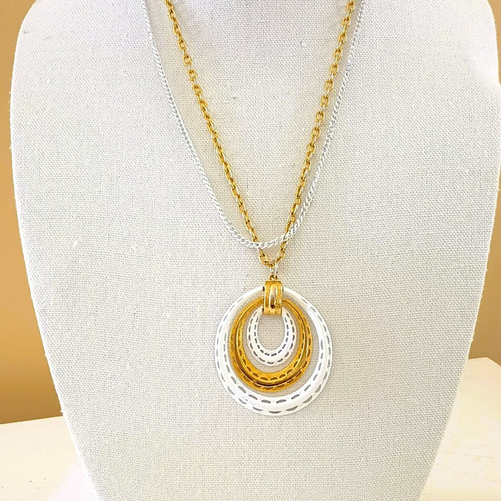 Vintage Layered Teardrop Pendant Necklace 25" White Enamel & Gold Double Chains